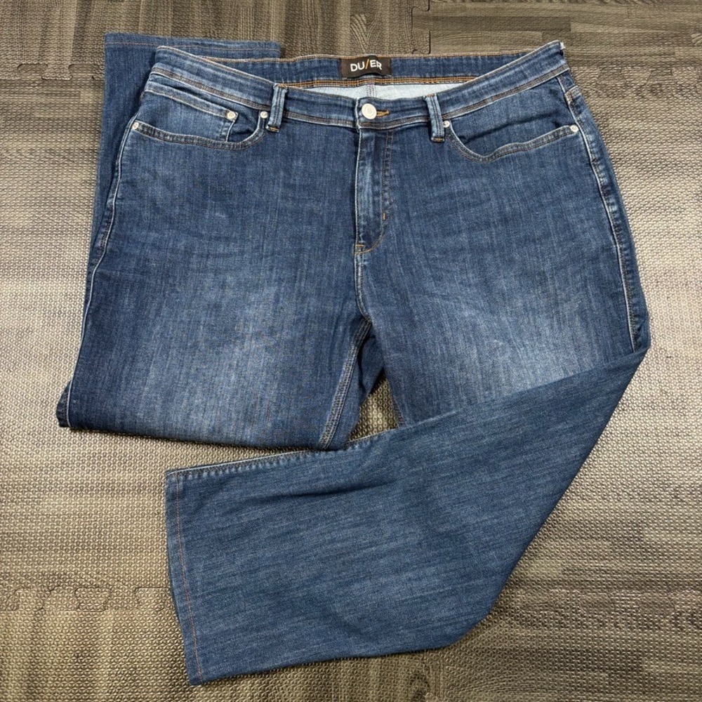 DUER Jeans Mens Fits 38x27 Blue L2X Relaxed Taper Denim Performance Coolmax